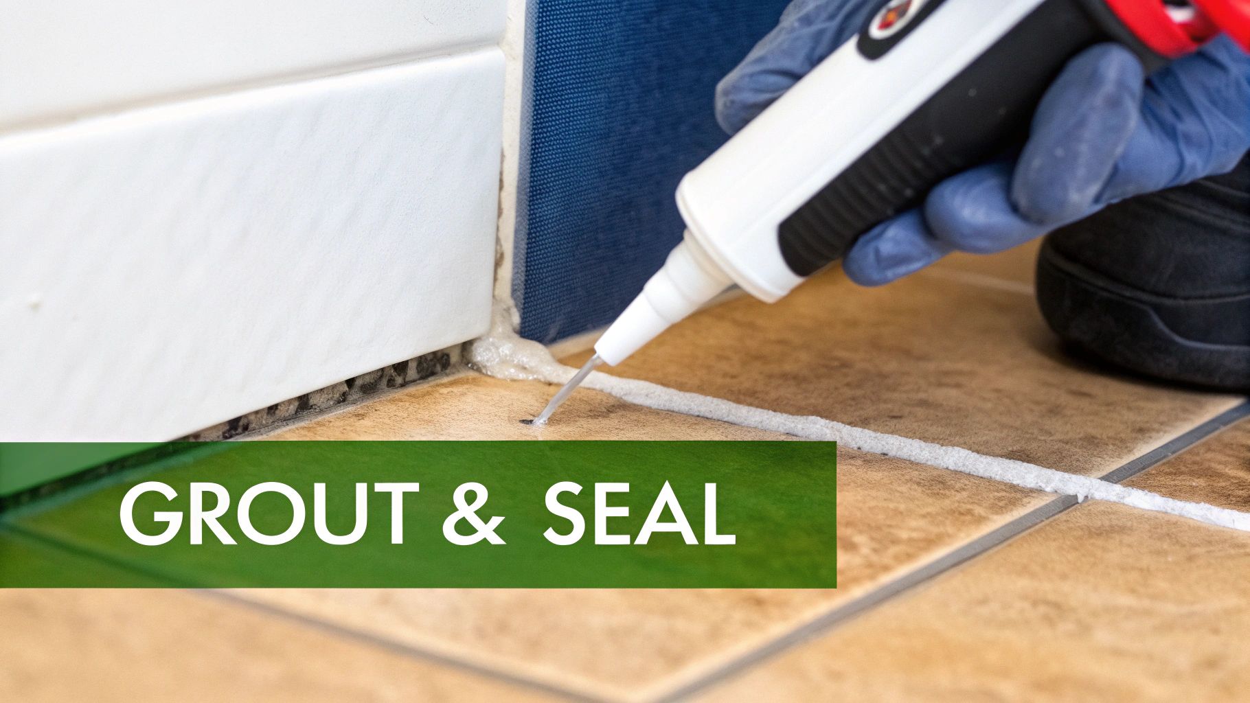Close-up of a person using a grout float to apply grey grout between white bathroom wall tiles.