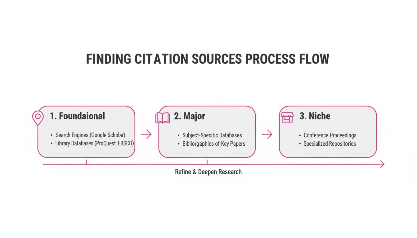 A process flow diagram illustrating steps for finding citation sources: foundational, major, and niche.