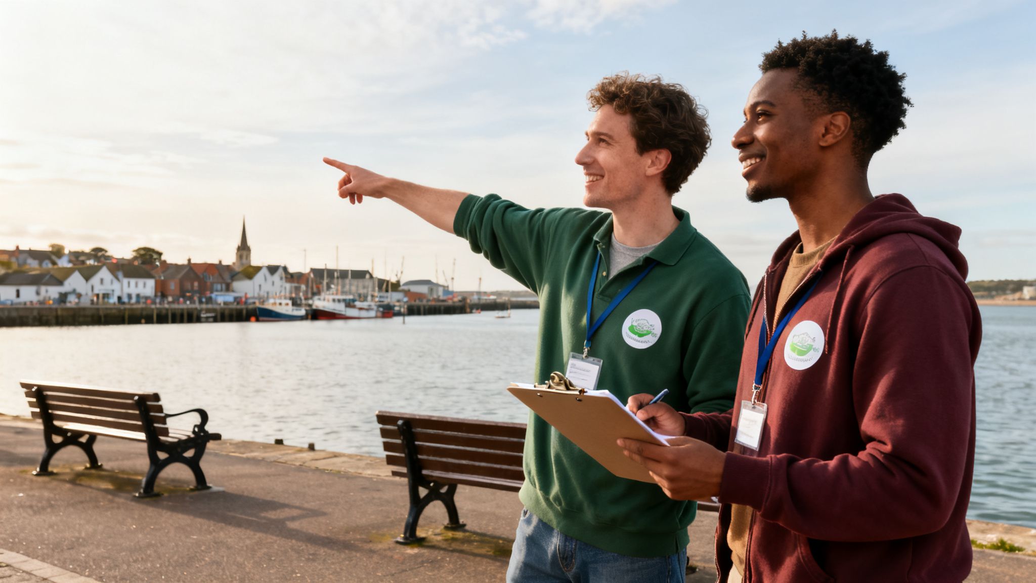 Two smiling volunteers by a harbor, one pointing while the other writes on a clipboard.