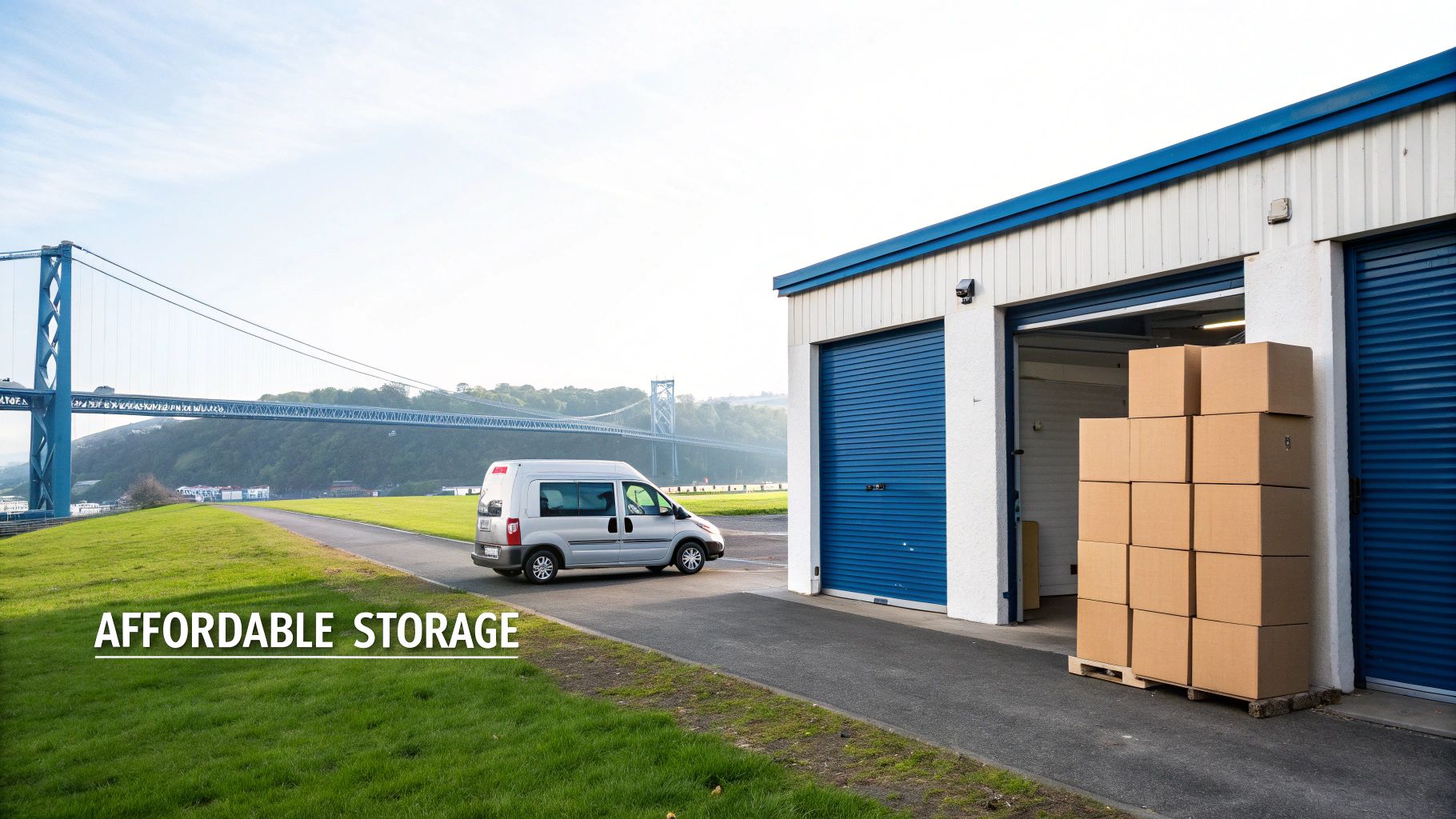 Silver van parked at affordable self-storage units with boxes, set against a scenic bridge backdrop.