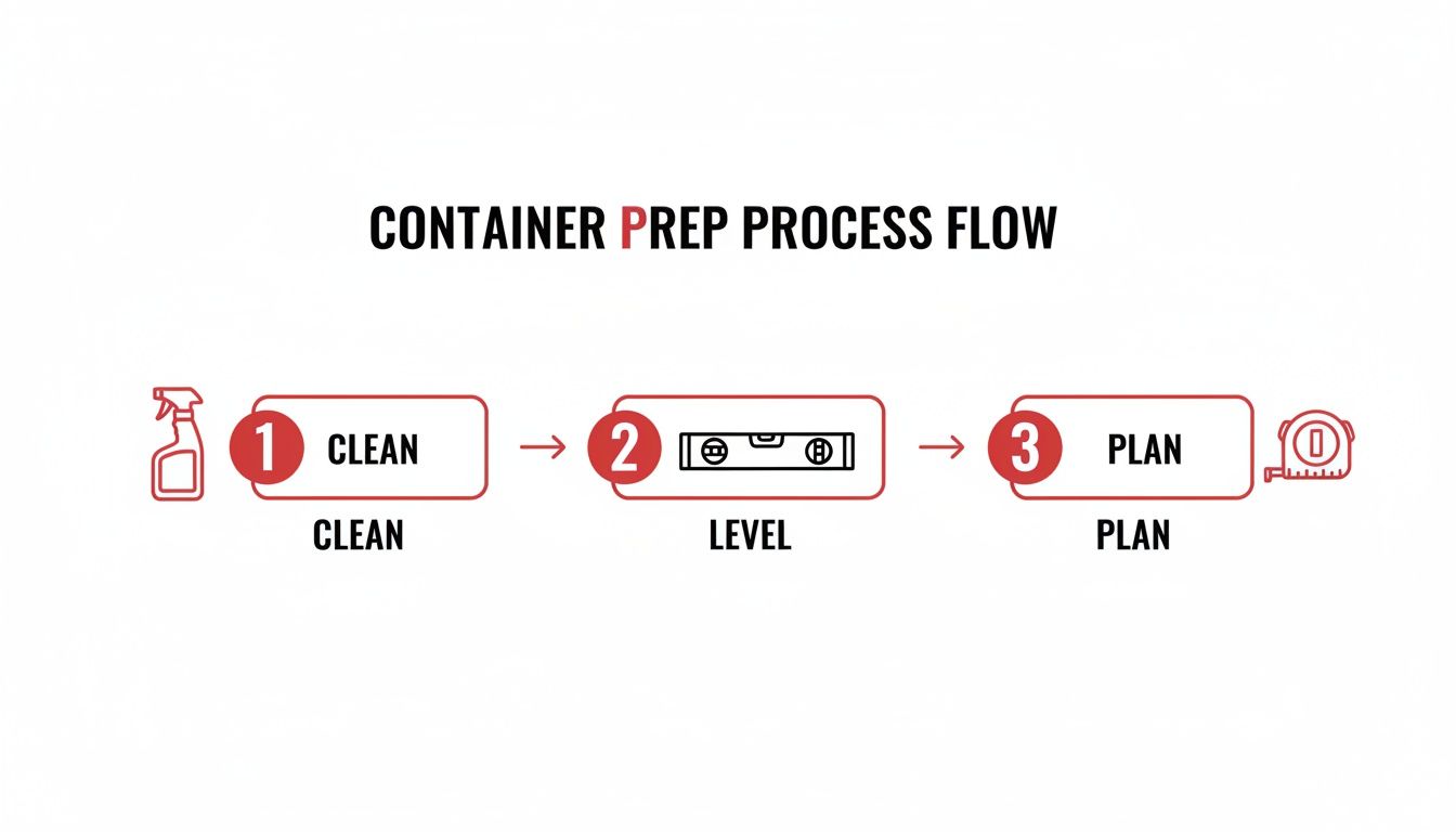 A process flow diagram showing three steps for container preparation: clean, level, and plan.