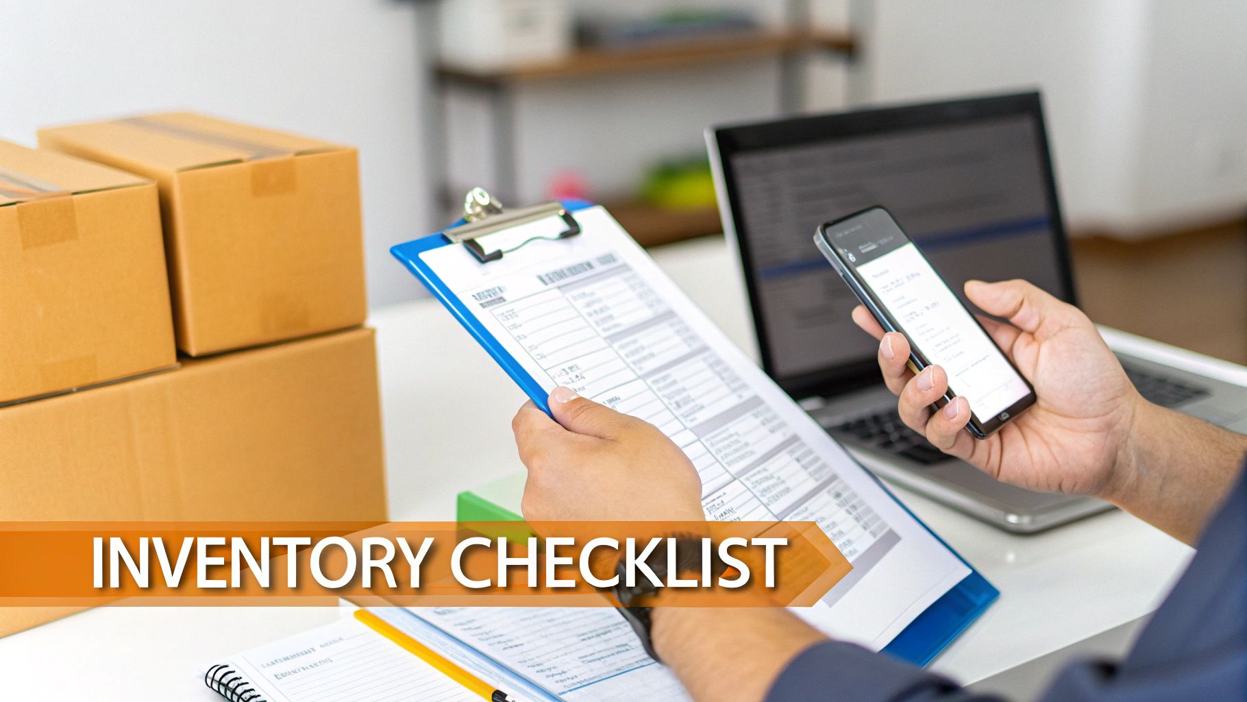 A person diligently creating a moving inventory on a clipboard, with packed cardboard boxes in the background.