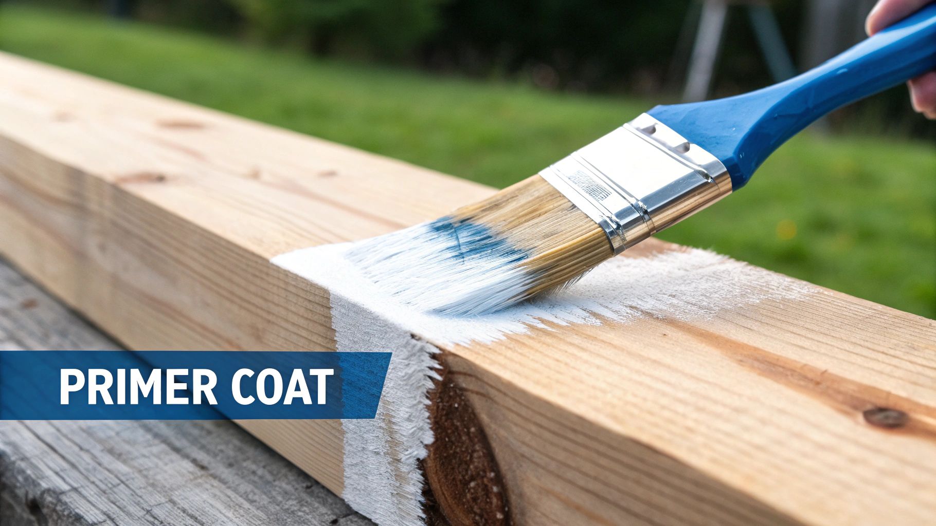A person applying white primer to a wooden cabinet door.
