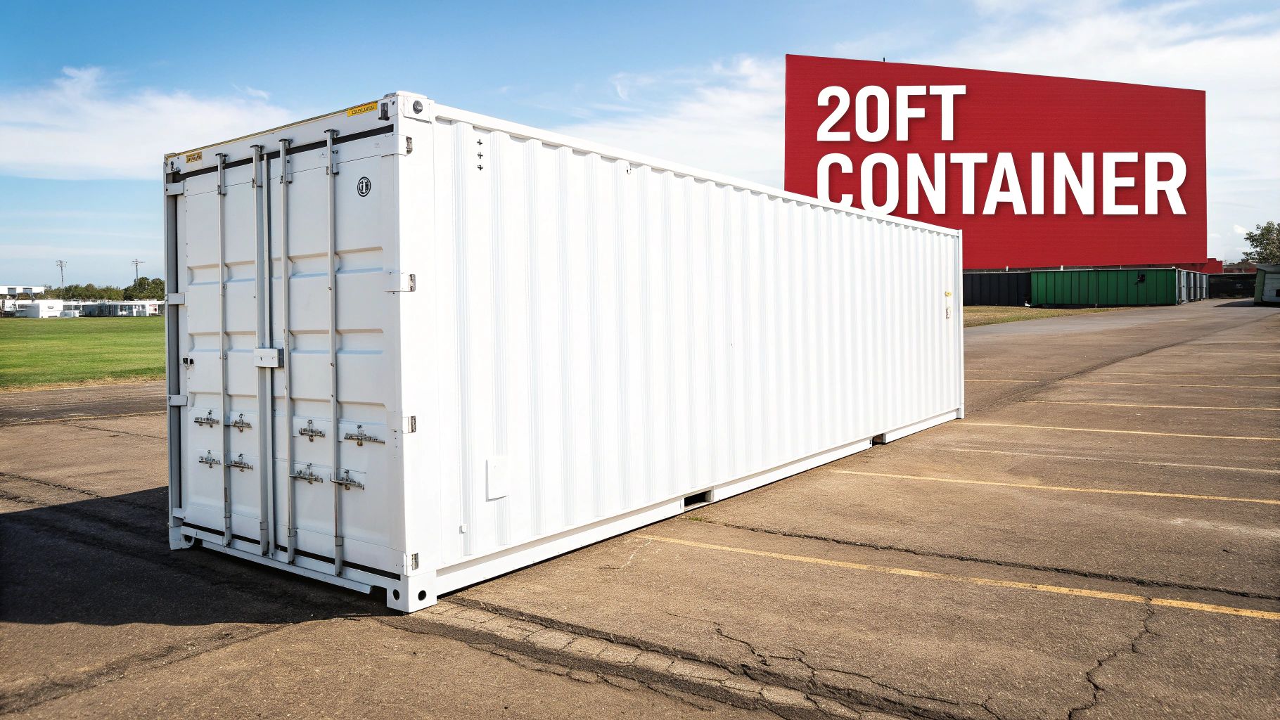A stack of blue and red shipping containers at a port, illustrating their uniform size.