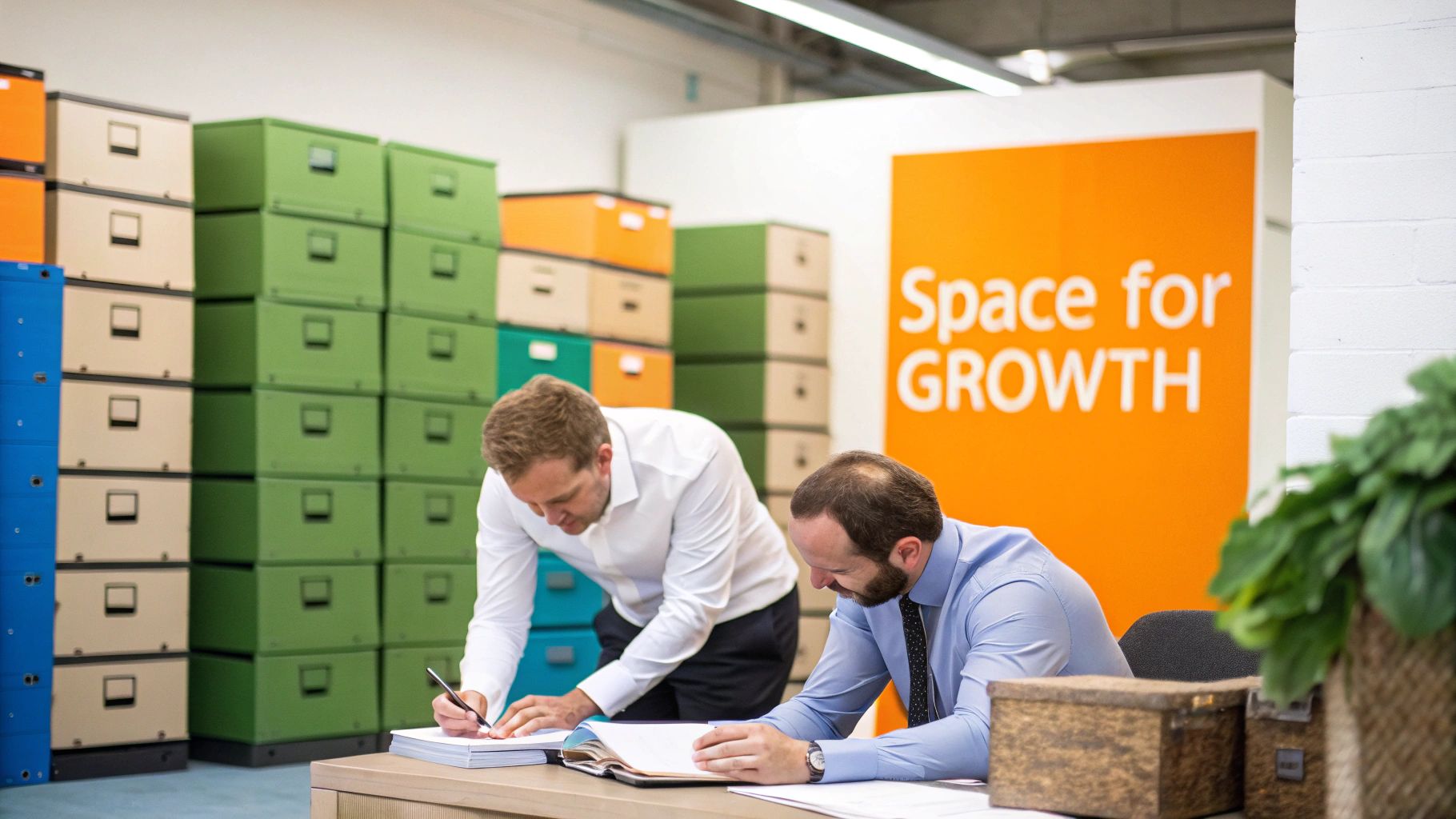A modern, decluttered office space with organised desks and chairs.