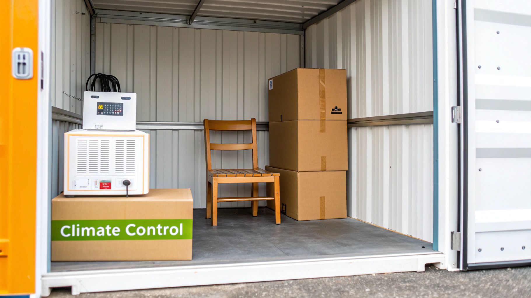 Interior of a climate-controlled storage unit with a chair, stacked moving boxes, and white climate system.