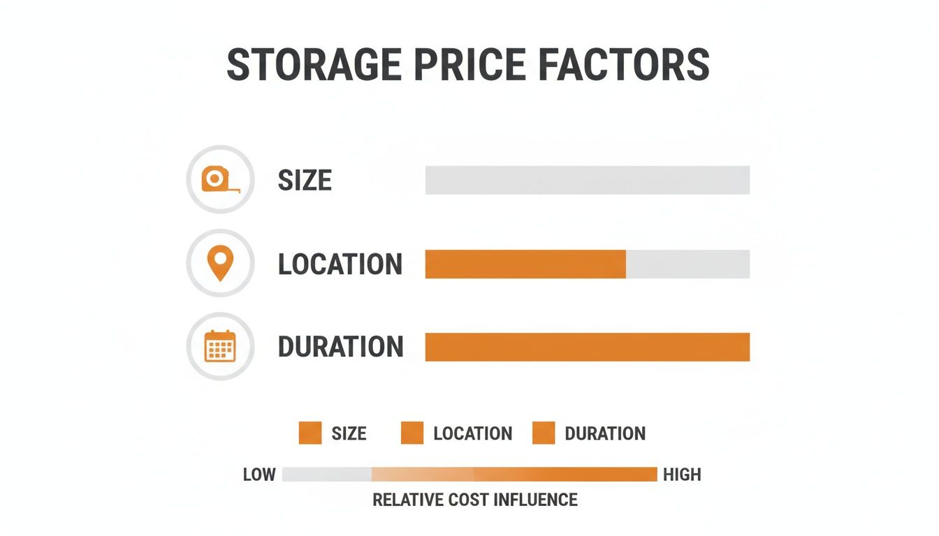 Infographic showing storage price factors: duration has high influence, location medium, and size low.