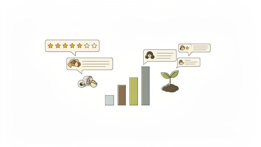 Illustration depicting online reviews, a bar chart showing growth, and a sprouting plant.