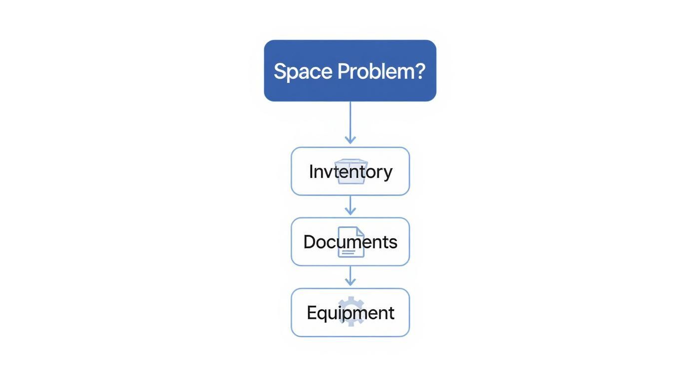 Flowchart showing space problem solution steps from inventory through documents to equipment management