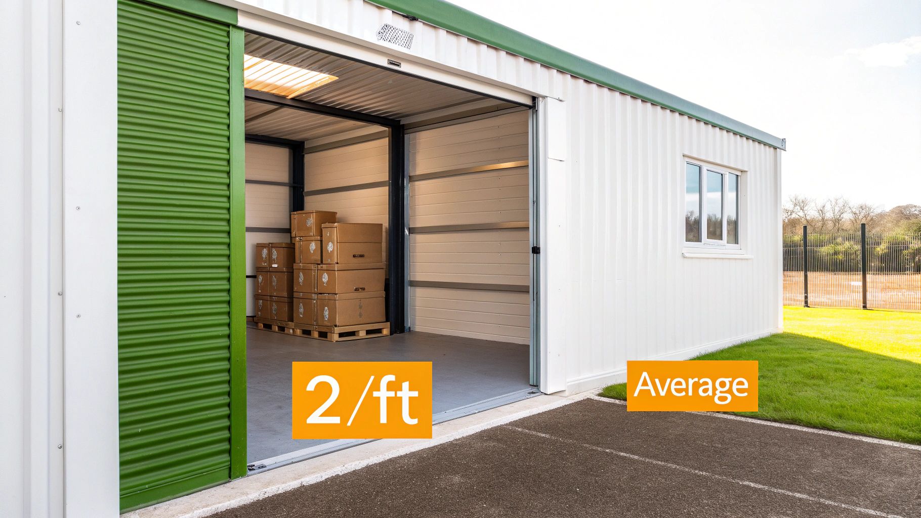 A self-storage unit with a green roll-up door partially open, showing stacked boxes inside, next to a white exterior wall and green grass.