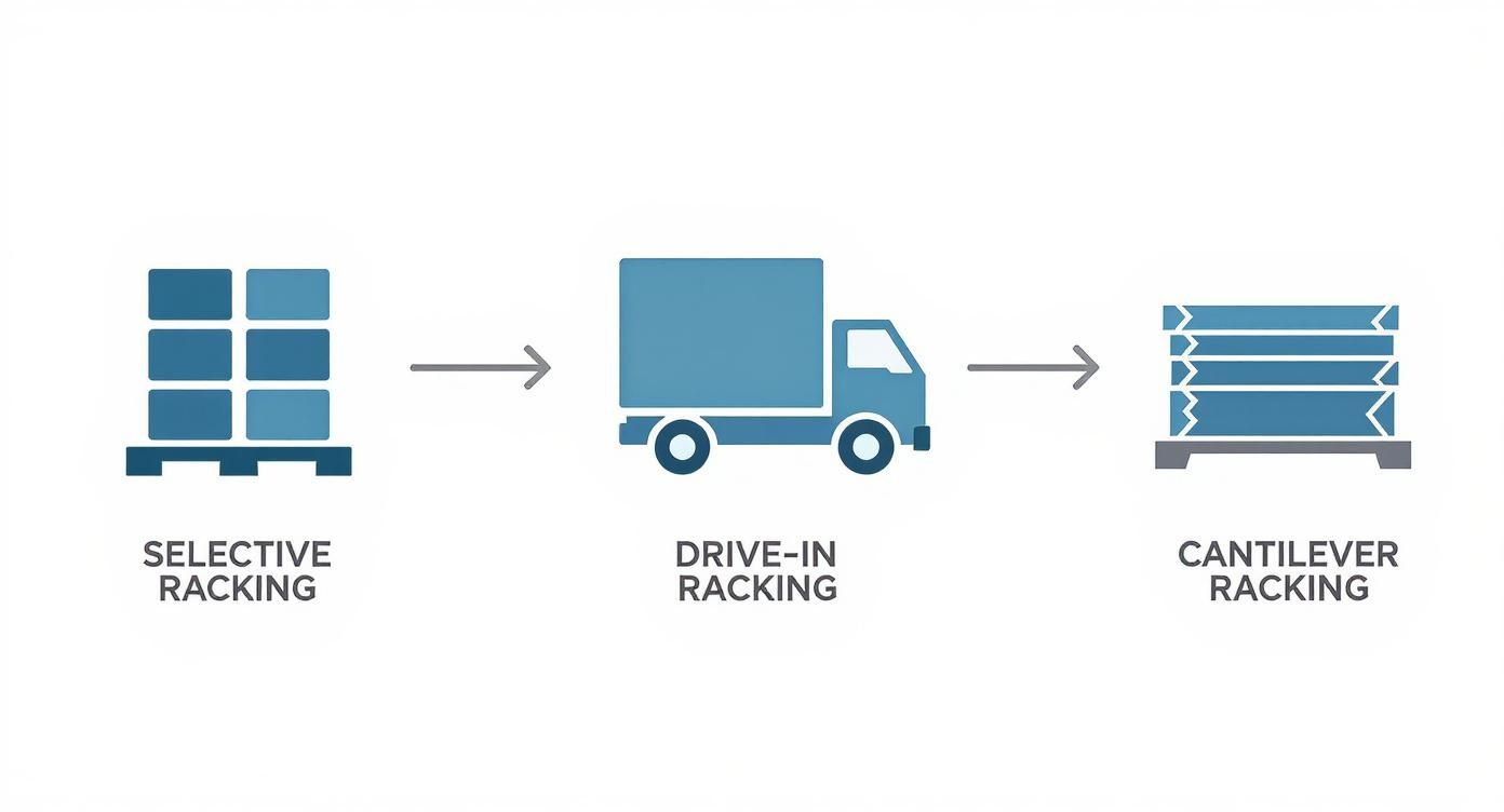 Warehouse storage progression diagram showing selective racking, drive-in racking, and cantilever racking systems