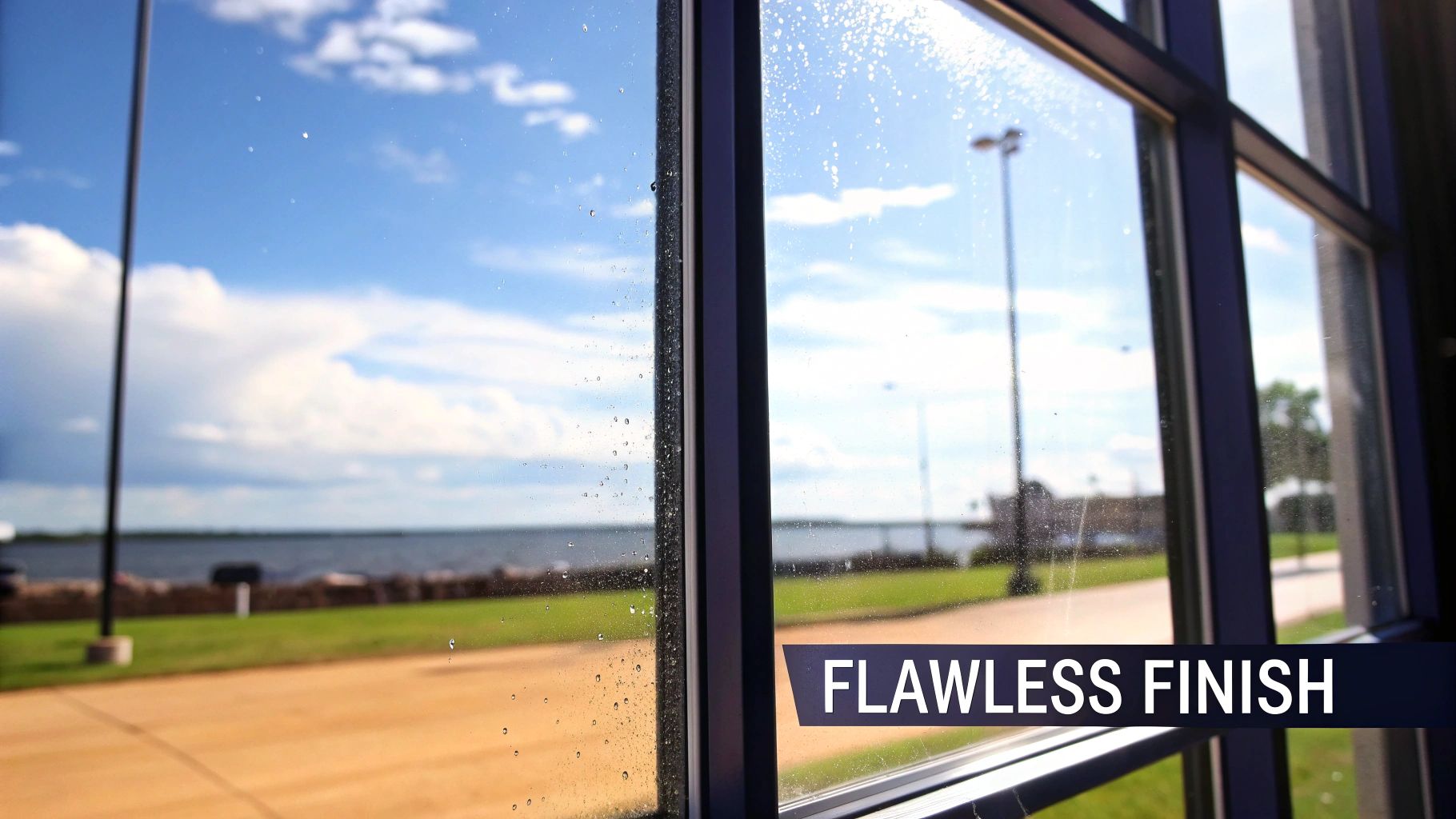 Window glass with visible water spots, overlooking a lake and blue sky, with 'FLAWLESS FINISH' text.