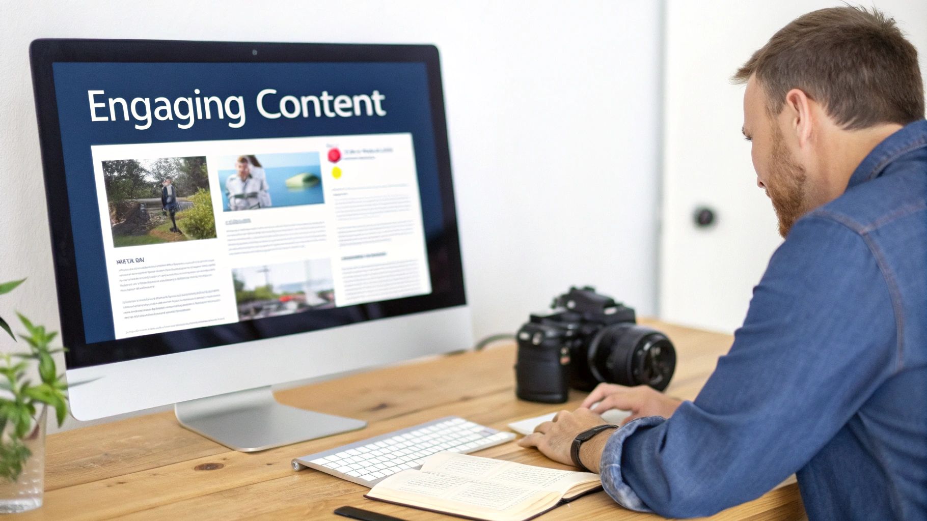 Content creator reviewing engaging website content layout on desktop computer for audience retention