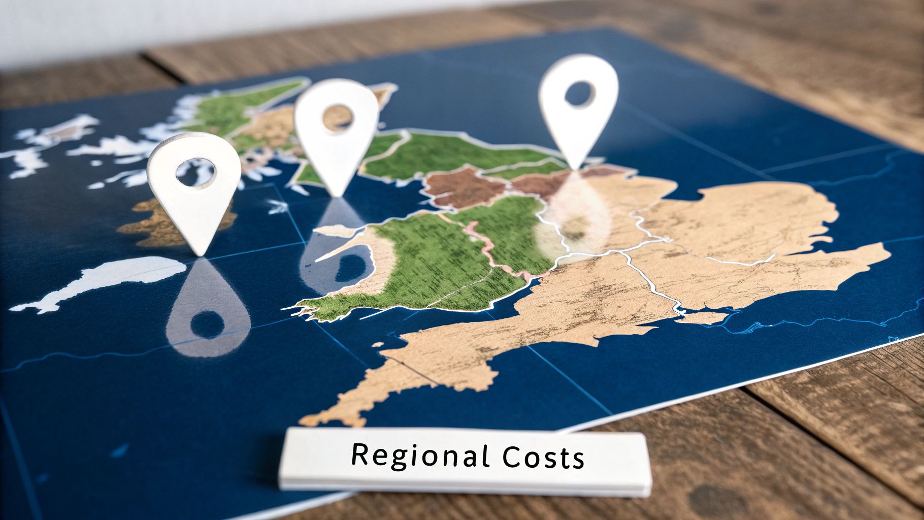 Close-up of a map with three white location pins and a 'Regional Costs' label.