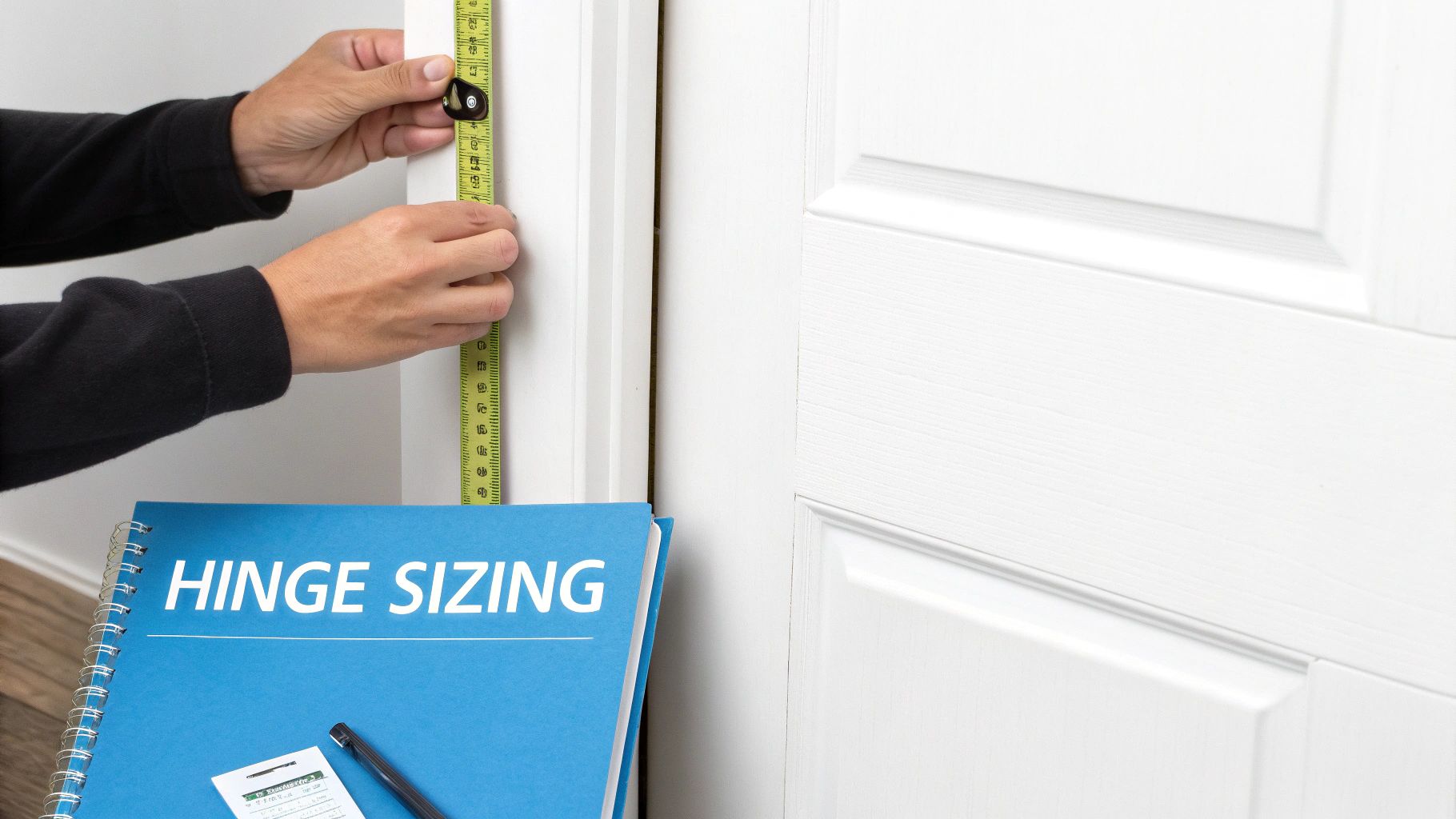 A person measuring a door with a tape measure to determine the correct hinge size.
