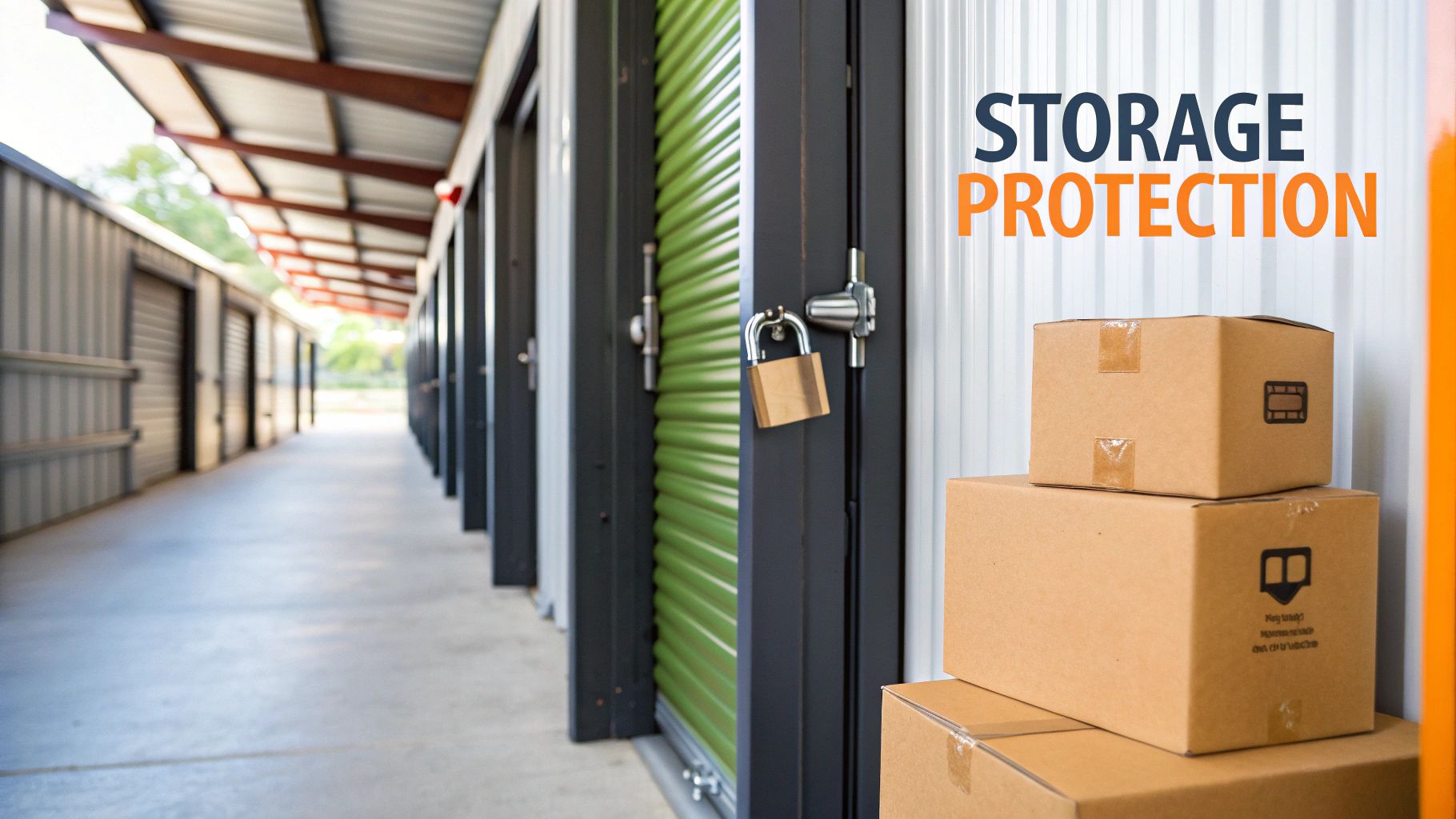 A row of self-storage units with a padlock on one door and stacked moving boxes, indicating storage protection.