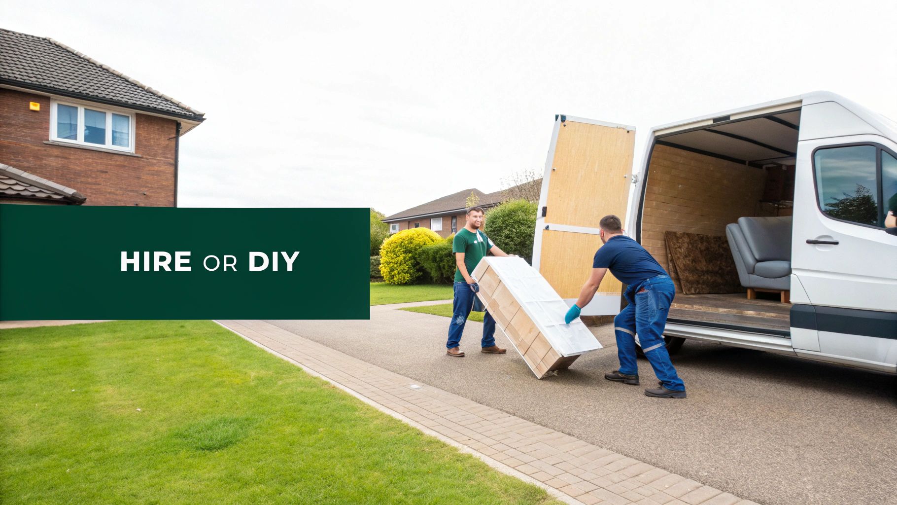 Two men loading a large item into a white moving van, with a 'HIRE OR DIY' overlay.