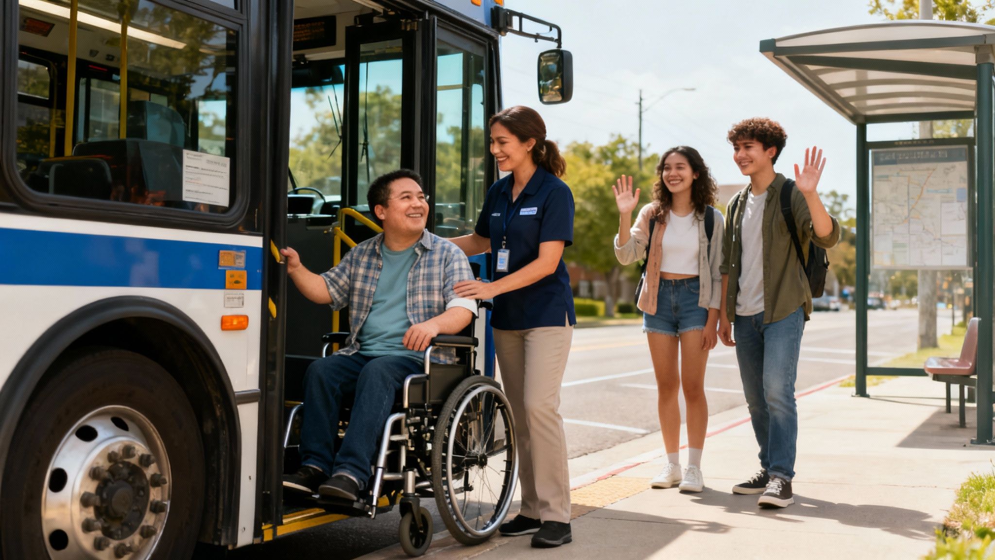A man in a wheelchair boards a bus with a smiling attendant while two young people wave from the bus stop.