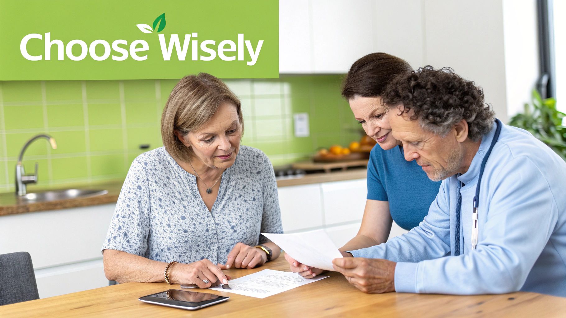 Three adults, two women and one man, review documents together at a kitchen table.