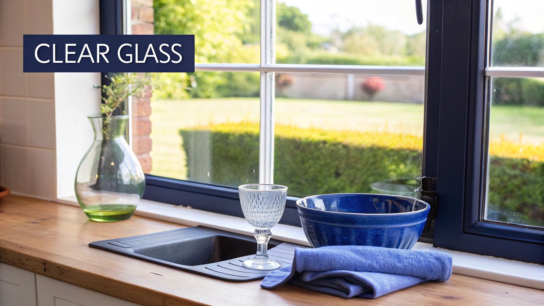 A crystal clear window with a bright, sunny view, implying it is free from limescale.