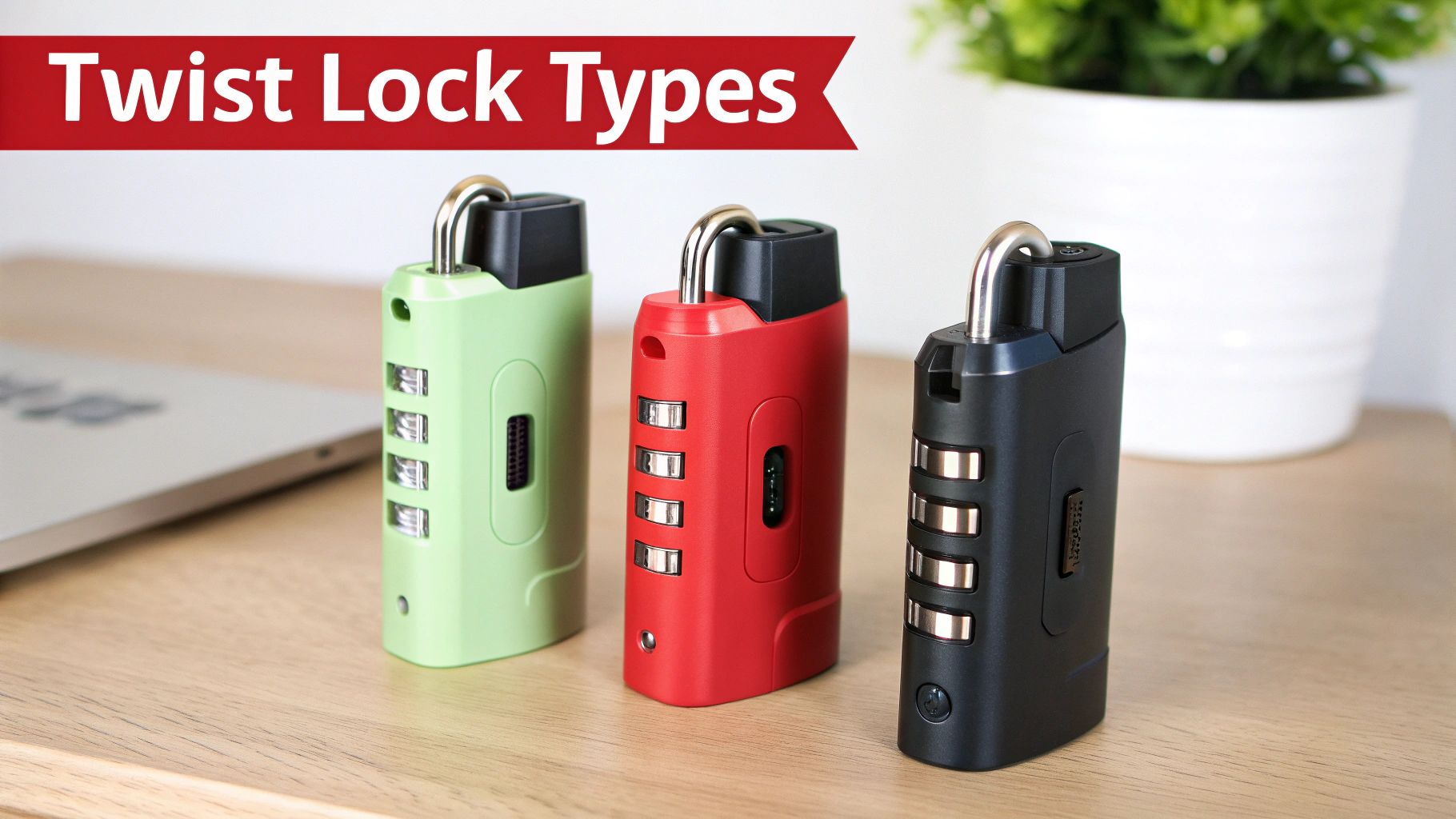 Three colorful twist lock combination padlocks, green, red, and black, displayed on a wooden desk.