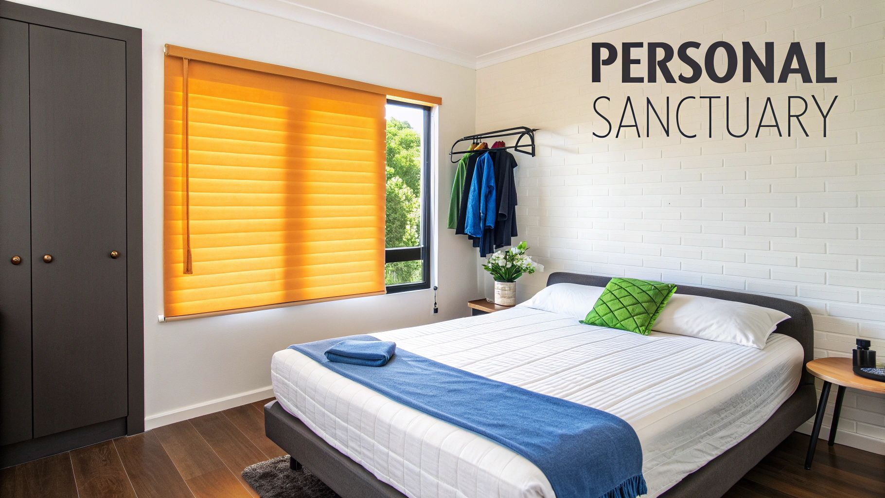 A bright bedroom with a bed, orange blinds, a dark gray wardrobe, and a white brick wall with text.
