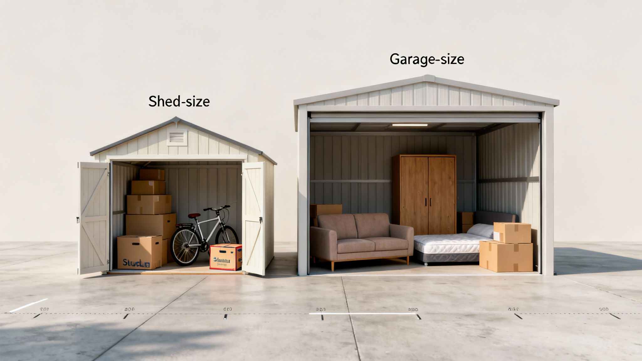 Comparison of shed-size and garage-size storage units filled with furniture, boxes, and a bike.