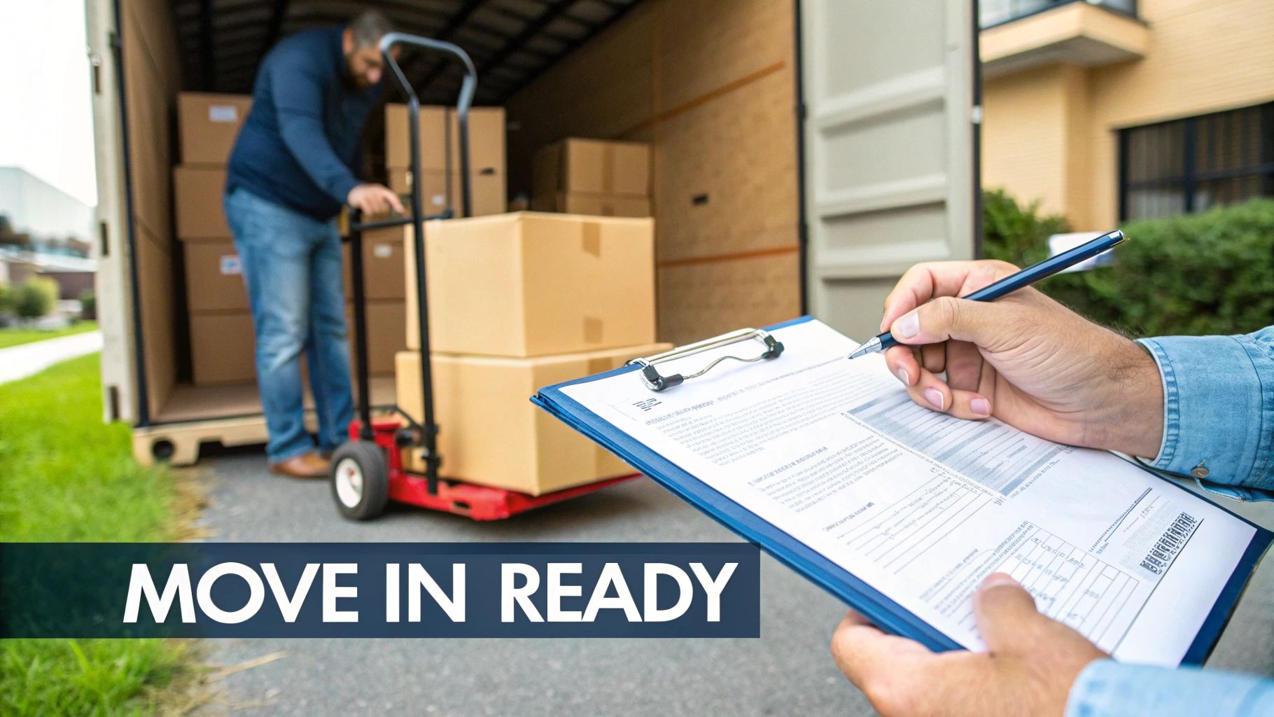 A person signs paperwork on a clipboard while another moves boxes with a hand truck into a storage unit.