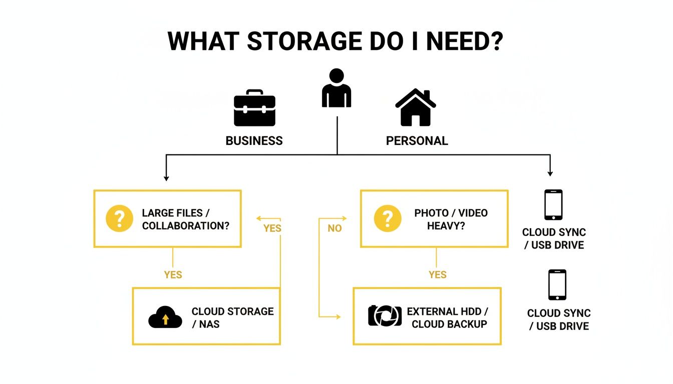 Flowchart illustrating storage needs for business and personal use, recommending cloud, NAS, external HDD, or USB drives.