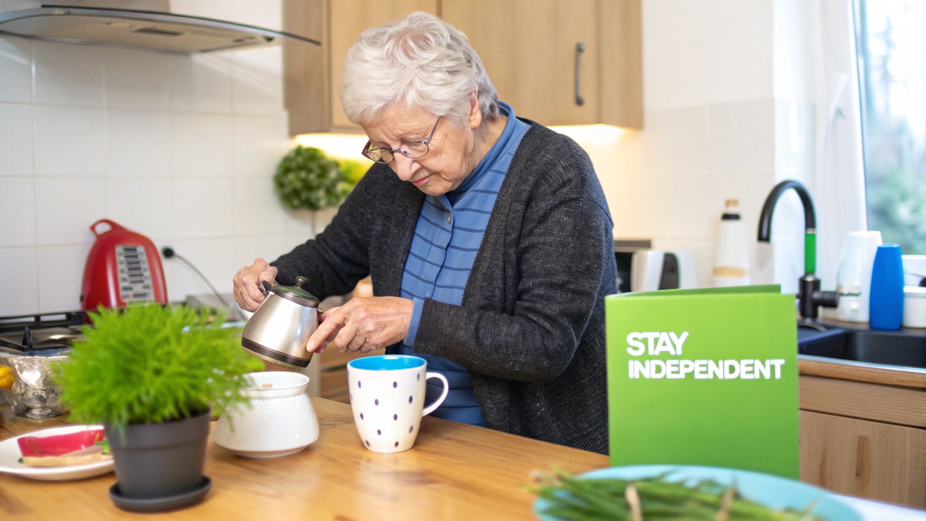 An elderly woman pours from a kettle in her kitchen, with a “STAY INDEPENDENT” folder visible.