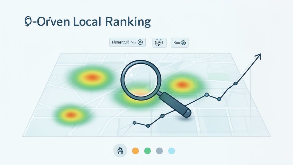 Map with local ranking heatmap, magnifying glass, and upward trend graph illustrating Q-driven strategies.