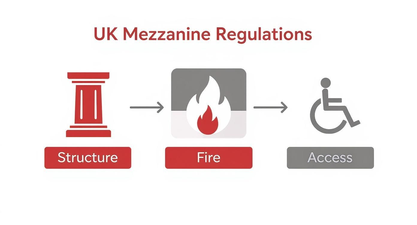 installing a mezzanine floor mezzanine regulations • Installing a Mezzanine Floor A Developer's Guide Visual guide to UK mezzanine regulations, illustrating requirements for structure, fire safety, and accessibility standards.