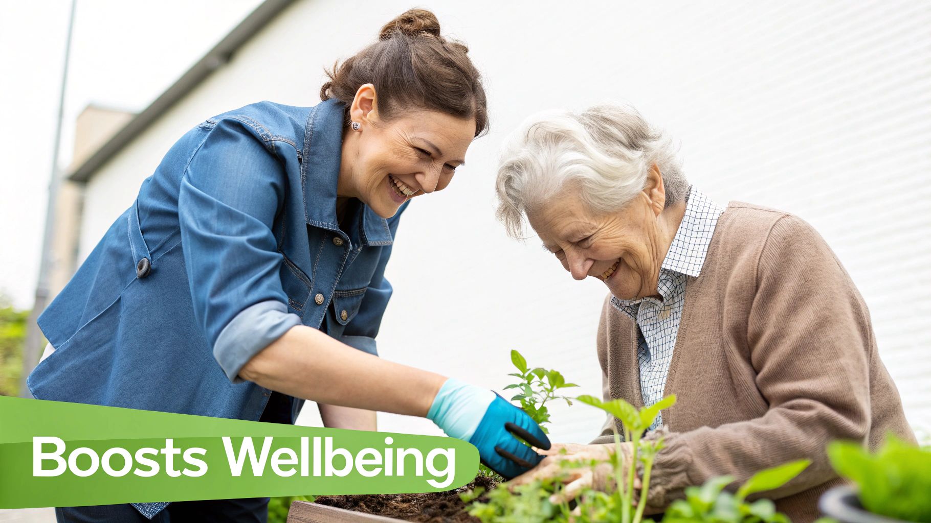 Elderly companion sharing a laugh in a garden.