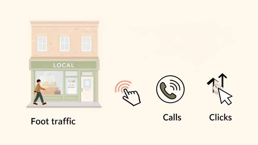 Visual illustrating local business customer interactions: foot traffic, online clicks, and phone calls.
