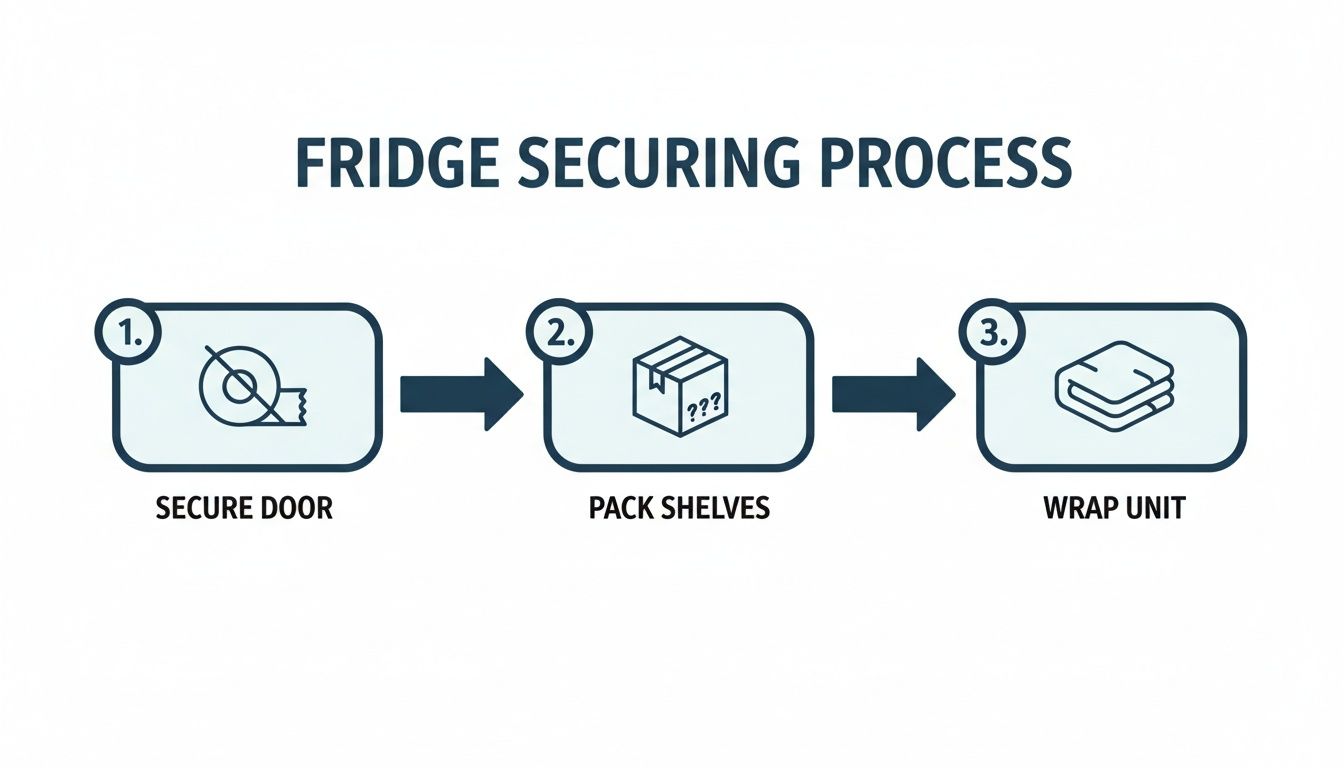 Infographic illustrating a three-step fridge securing process: secure door, pack shelves, and wrap unit.