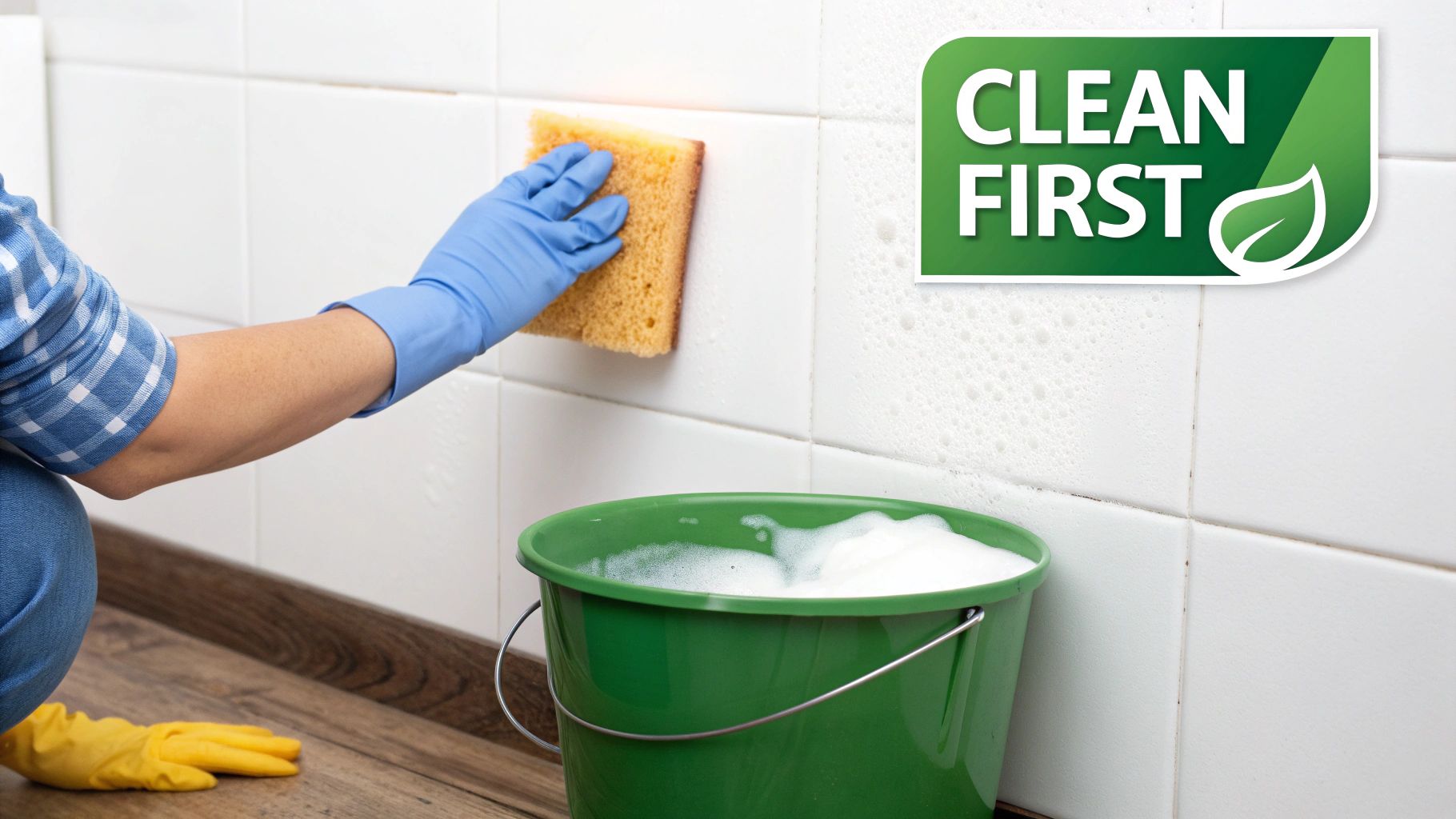 Person in blue gloves cleaning white wall tiles with a sponge, bucket of soapy water nearby.