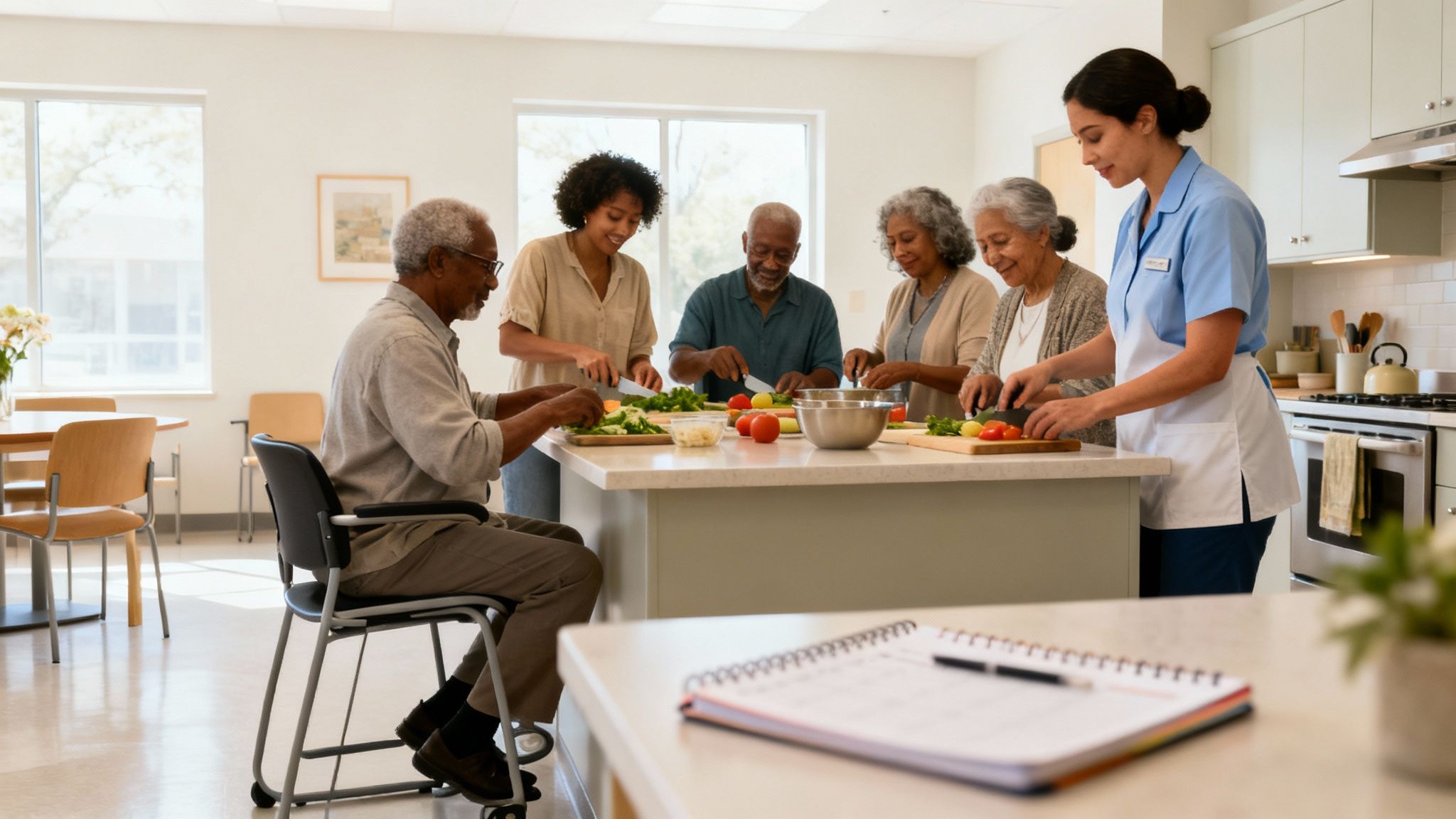 Diverse group of older adults and caregivers chopping vegetables in a bright kitchen, participating in a cooking activity.