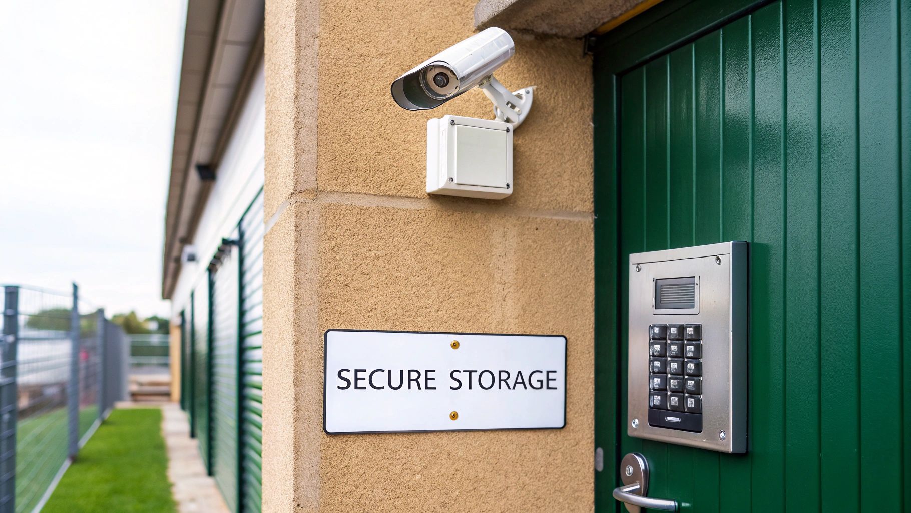 A well-lit hallway of secure self-storage units with rolling metal doors and clean floors.