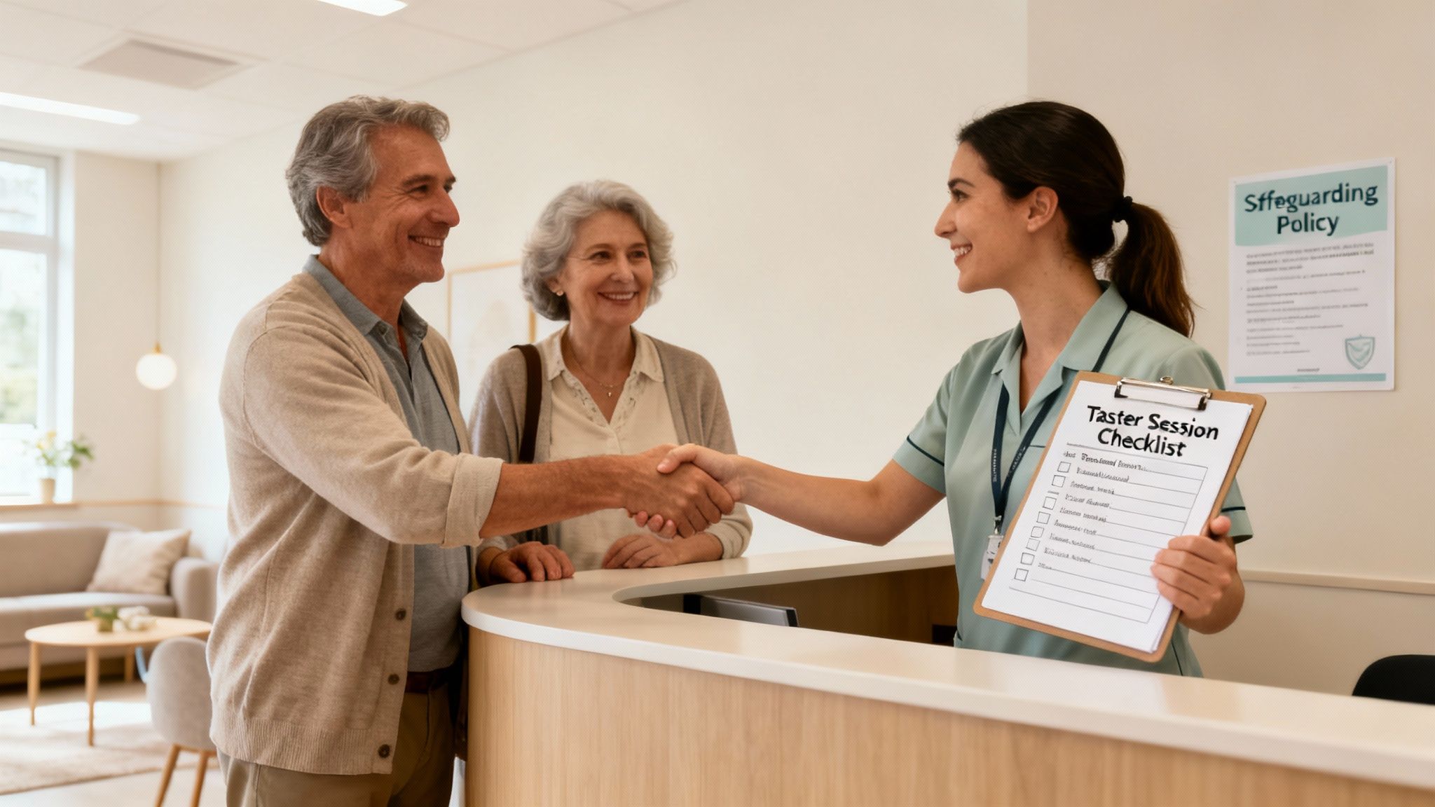 Smiling care facility staff member shaking hands with an elderly man, welcoming him and his wife.