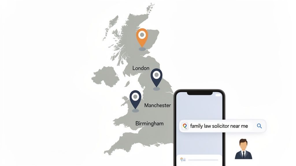 Map of the UK showing lawyer locations in major cities and a phone searching for 'family law solicitor near me'.