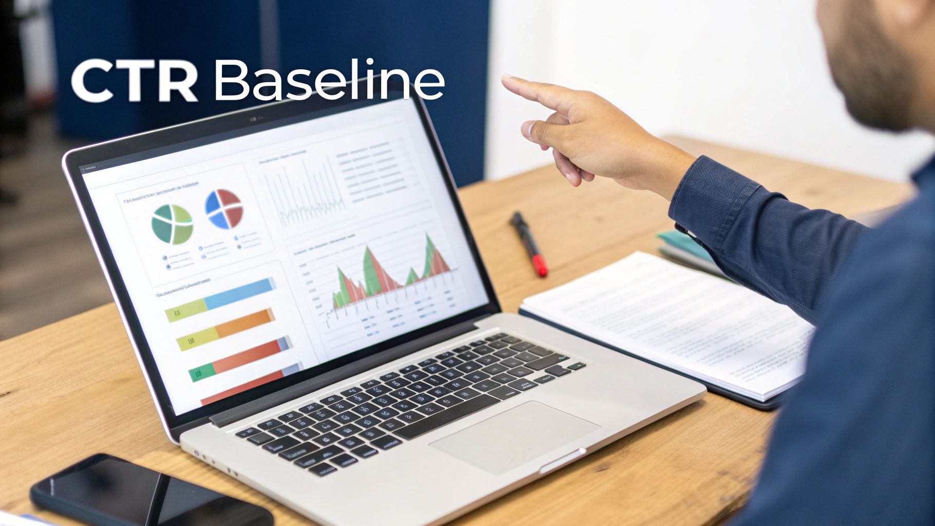 Person pointing at a laptop displaying data charts, graphs, and 'CTR Baseline' text.
