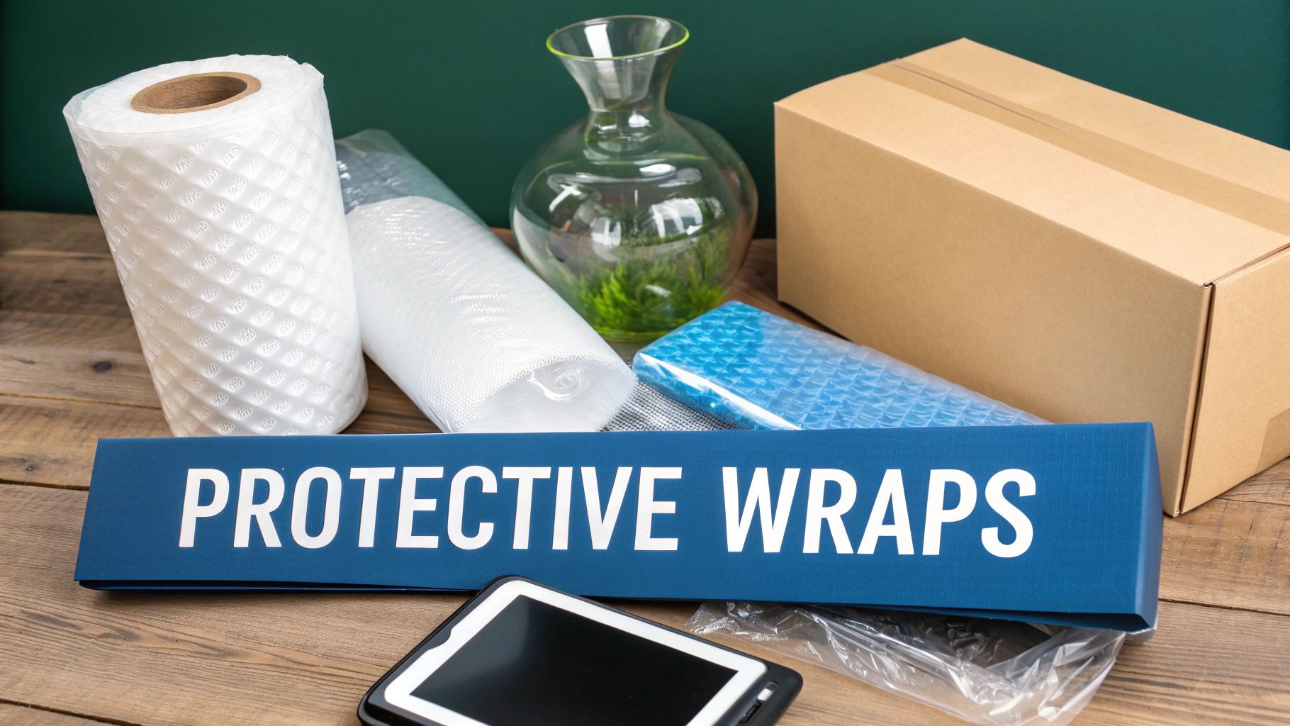 Various protective wraps and packaging materials, including bubble wrap, foam, a cardboard box, and a sign.