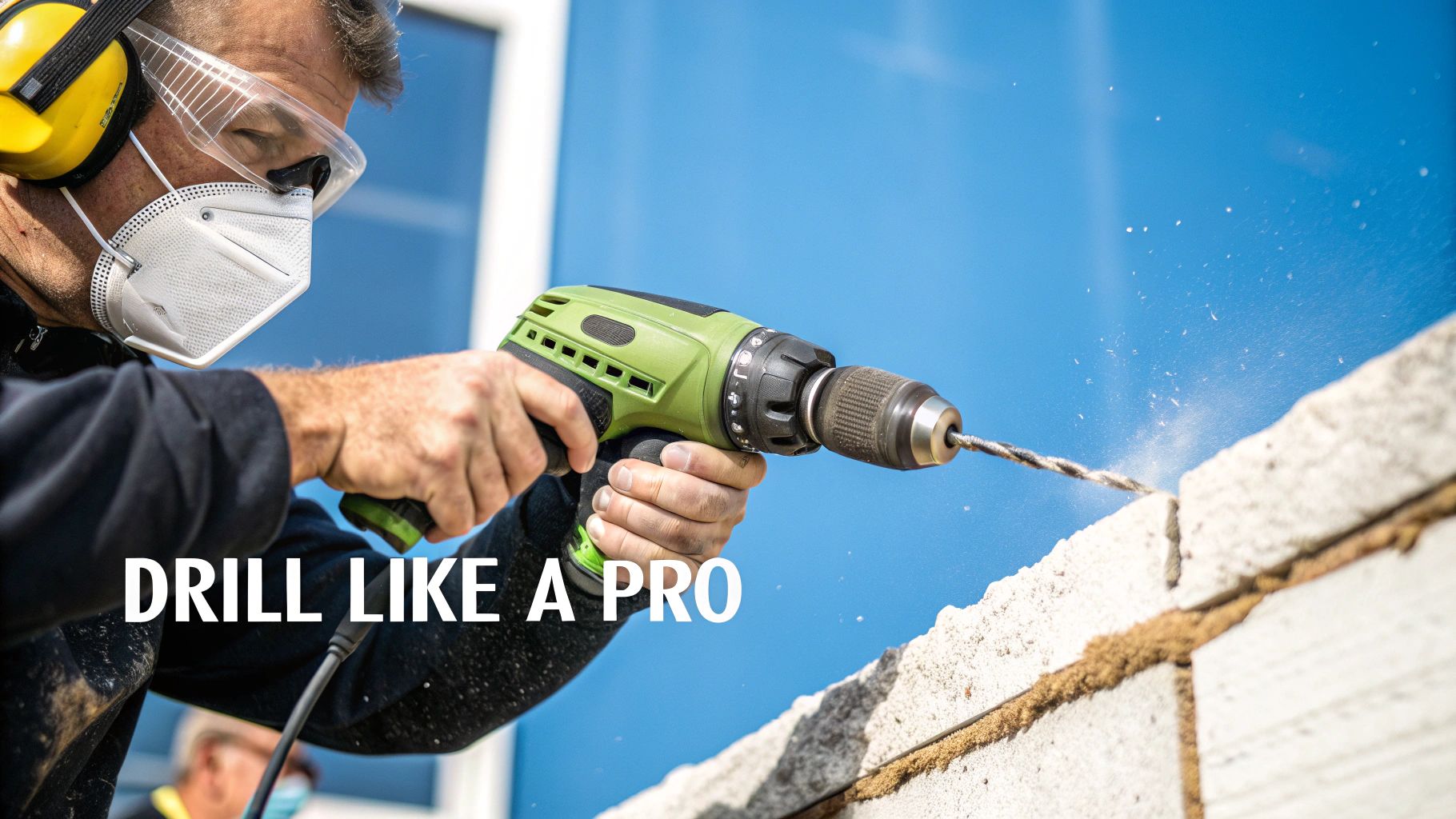 A person safely drilling into a concrete wall with a powerful drill.
