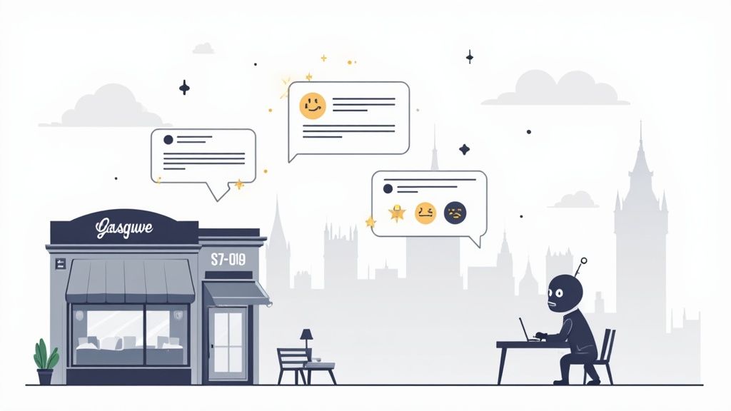 A robot uses a laptop to analyze online customer reviews for a local store.