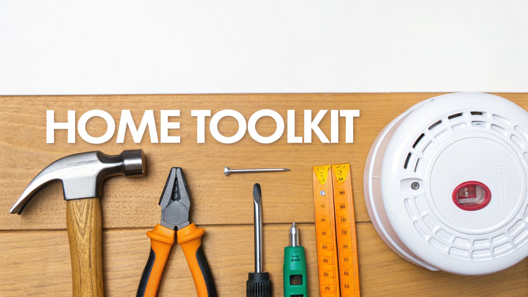 Essential home toolkit with hammer, pliers, screwdrivers, ruler, and smoke detector on a wooden background.