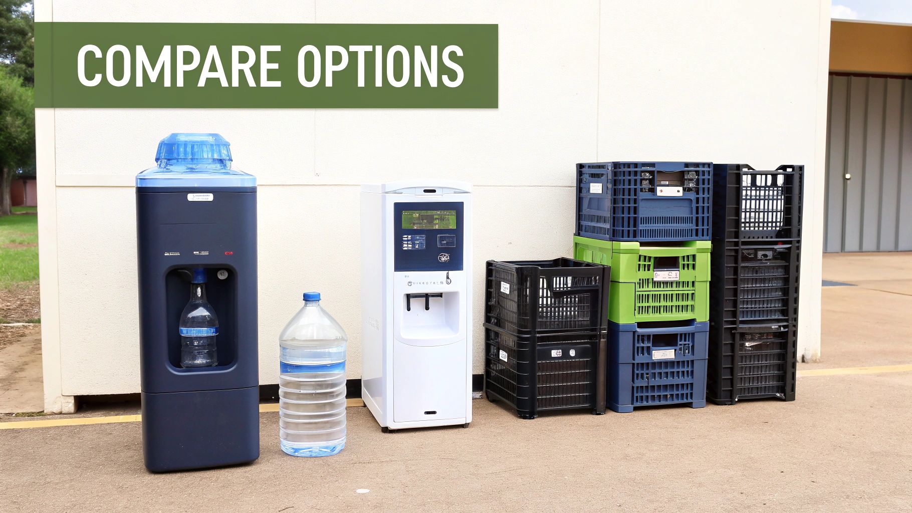 Water dispensing options: a dark blue bottom-load cooler, a modern white dispenser, and stacked storage crates.