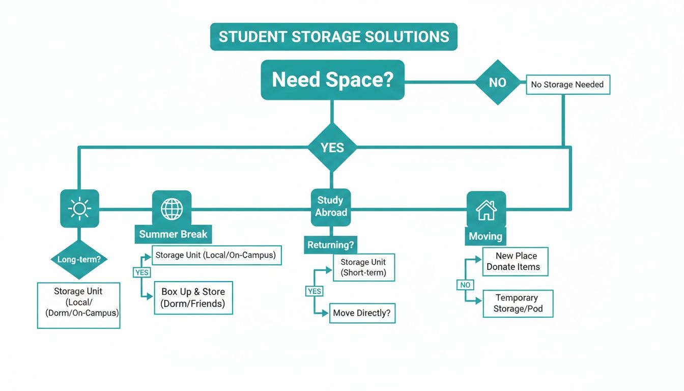 Flowchart illustrating student storage solutions for various needs: summer, study abroad, moving, and long-term options.