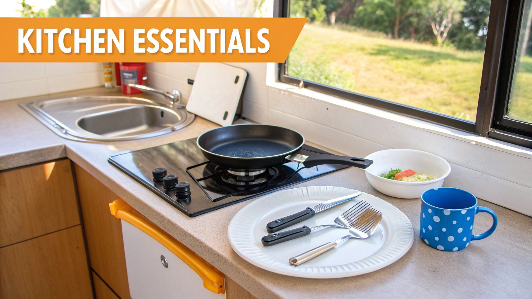 Compact kitchen essentials including a stove, sink, frying pan, plate with cutlery, salad bowl, and mug.