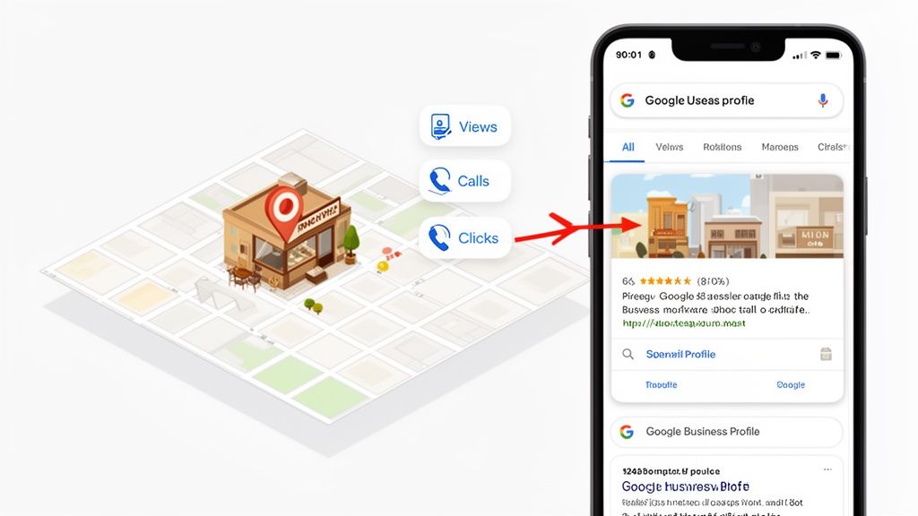 Illustration of a local business on a map leading to Google Business Profile views, calls, and clicks.