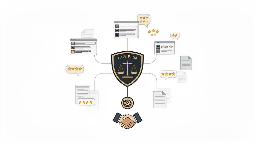 A law firm shield at the center, connected to online profiles, client reviews, documents, and a handshake, symbolizing digital presence.